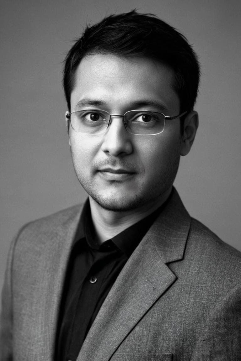 Black-and-white portrait of Dr. Siidarth Bhattacharya in a textured blazer and dark shirt
