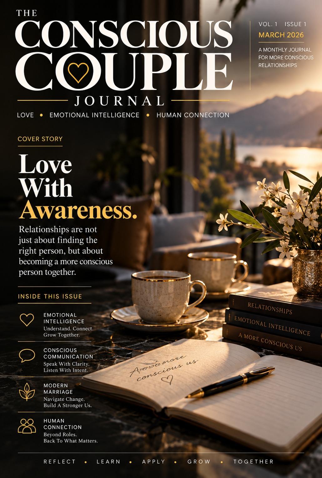 Cover of The Conscious Couple Journal, Vol. 1, Issue 1: the cover story “Love With Awareness”, set over two cups of coffee and an open notebook by a lakeside window at sunset