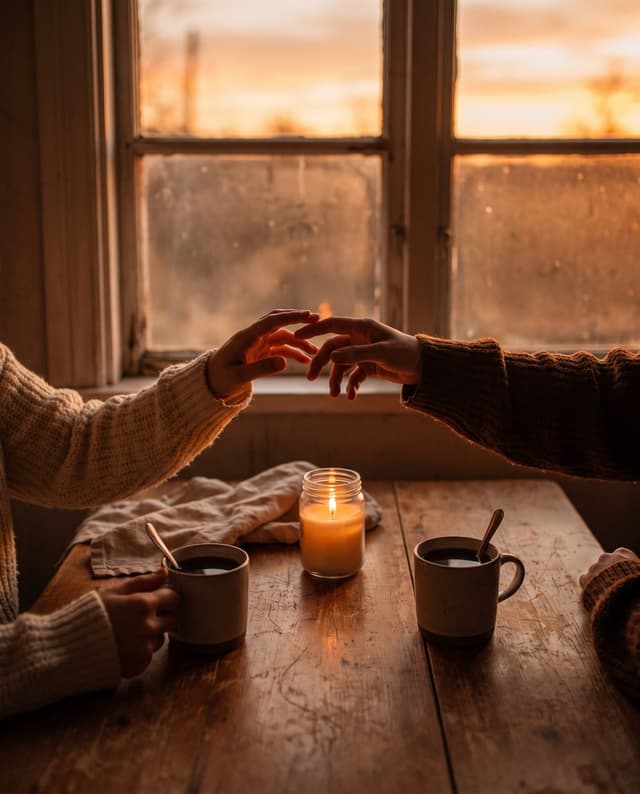 Two hands reaching toward each other across a table, beside two cups of tea