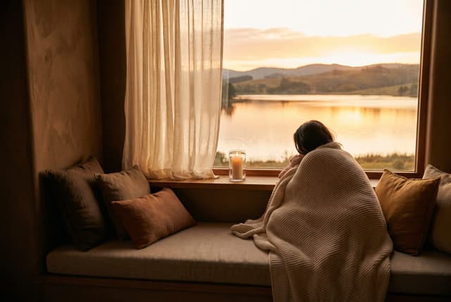 A woman wrapped in a throw on a window seat, seen from behind, looking out at a lake