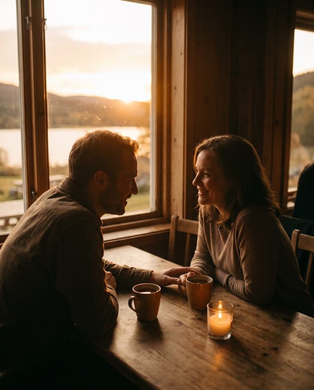 Two people at a small table by a window, leaning in and listening to each other