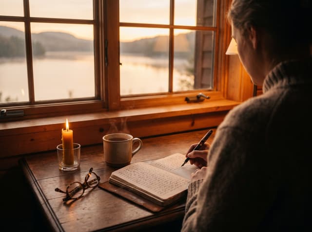 Seen over a shoulder, someone writing in a journal by a window