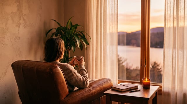 A person seen from behind in an armchair by a window, holding a cup of tea and looking out over a lake at sunset