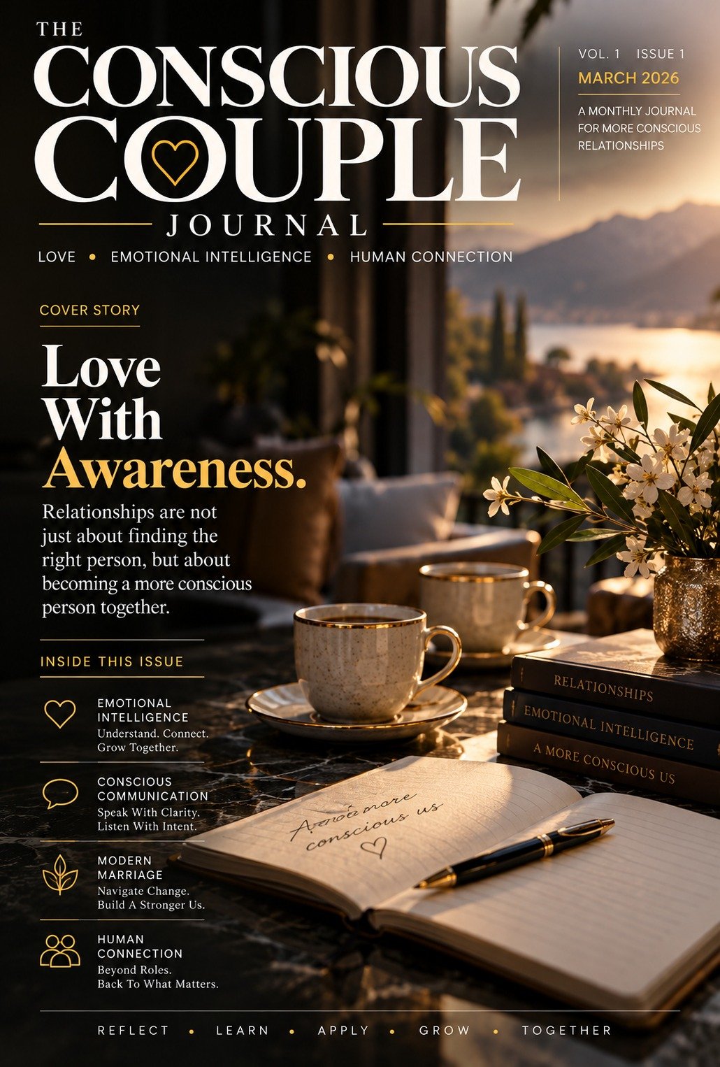 Cover of The Conscious Couple Journal, Vol. 1, Issue 1: the cover story “Love With Awareness”, set over two cups of coffee and an open notebook by a lakeside window at sunset