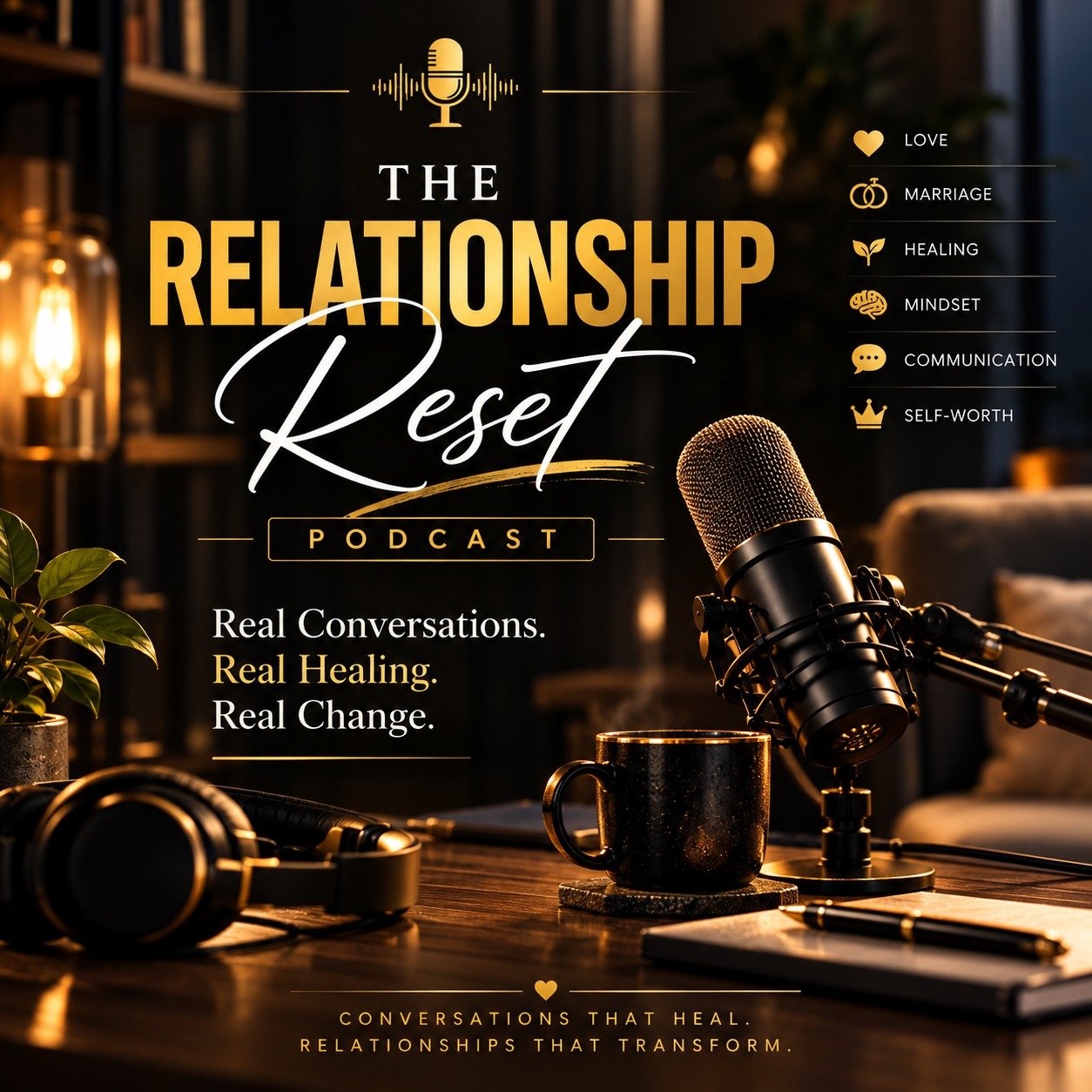 The Relationship Reset podcast artwork: a studio microphone, headphones and a cup of coffee on a desk in warm lamplight, under the show's name in gold