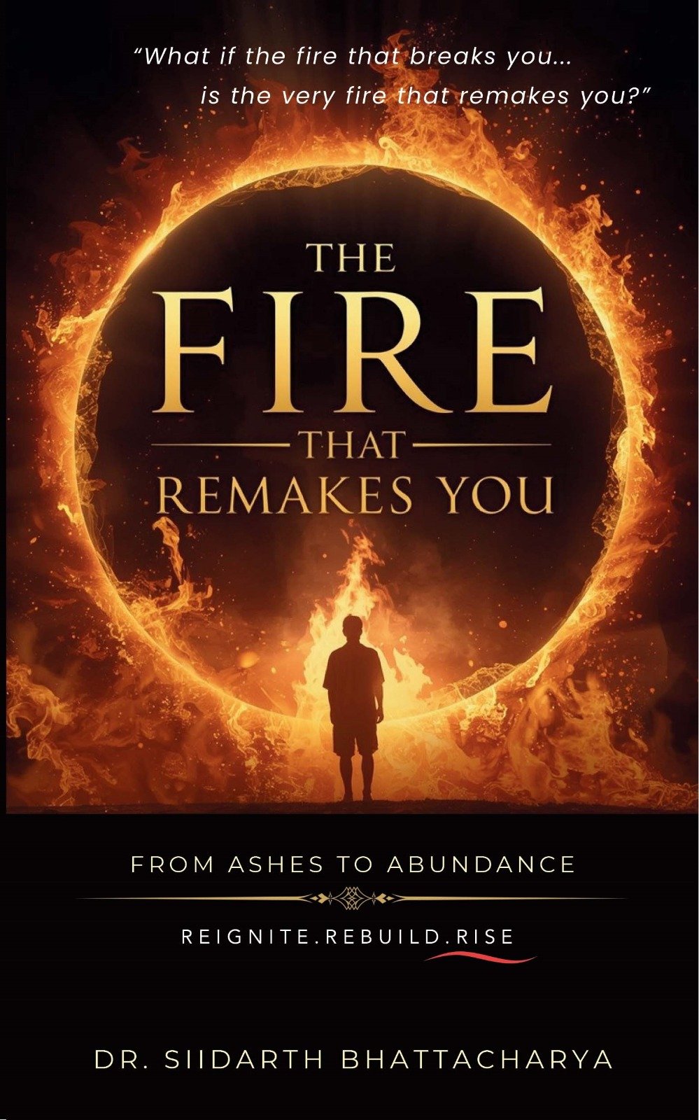 Cover of The Fire That Remakes You by Dr. Siidarth Bhattacharya: a lone figure standing before a ring of fire