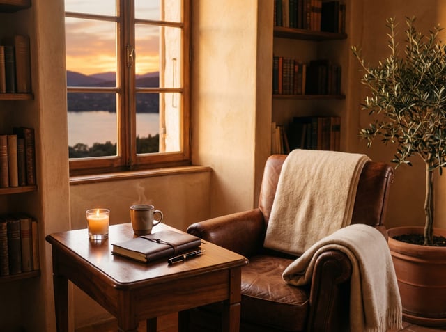 A quiet private study with a leather armchair and a walnut desk, by a window onto a lake at sunset