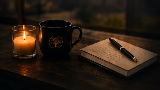 Candle, branded mug and an open handwritten journal with a pen on a dark wooden table