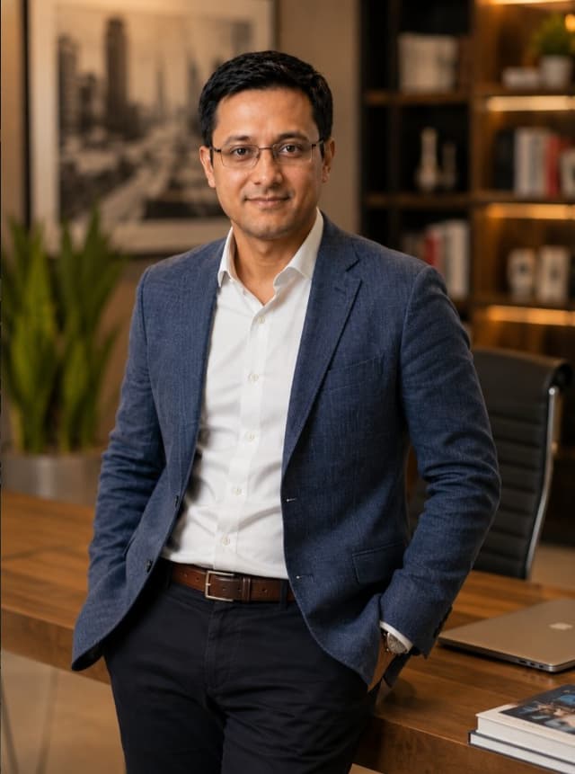 Dr. Siidarth Bhattacharya standing against his desk in a navy blazer, bookshelves and warm light behind him