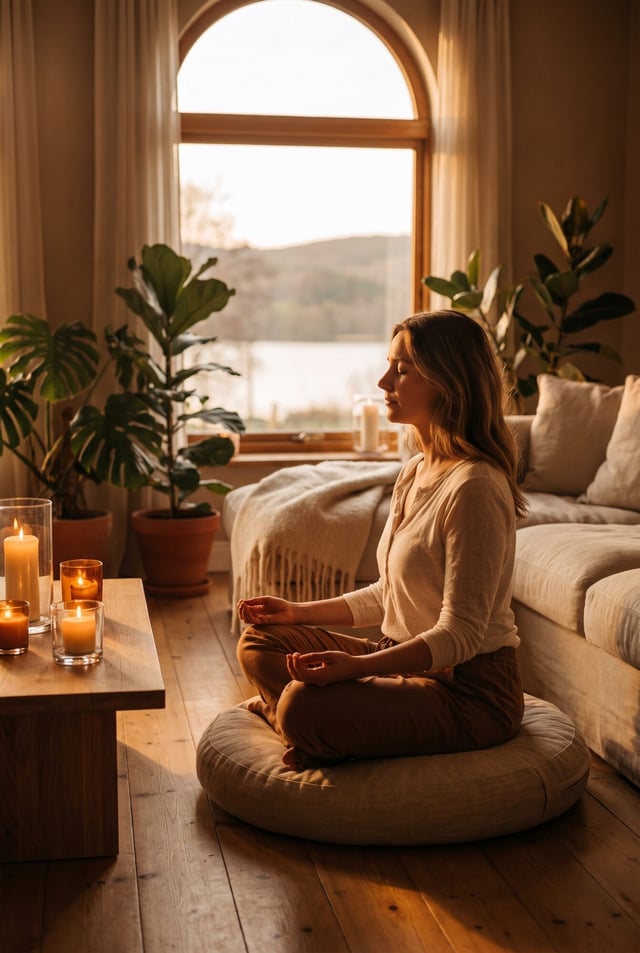 A woman meditating on a floor cushion in a warm, candlelit room with plants
