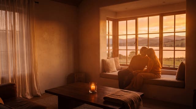 A couple sitting close together on a window seat at golden hour, a candle lit on the table