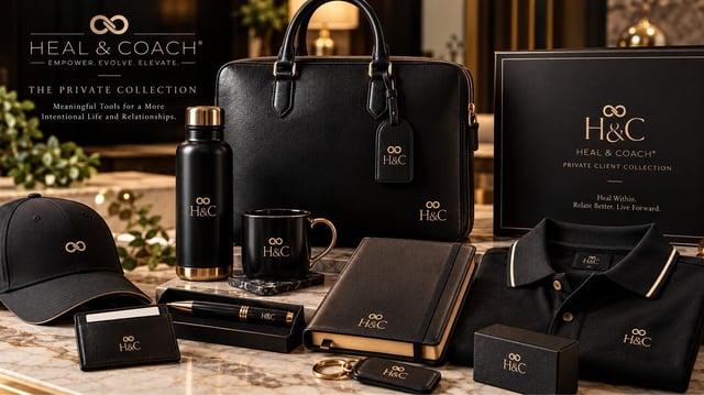 The H&C brand merchandise collection in black and gold, set out on a marble counter: a leather laptop bag, an insulated bottle, a mug, a notebook, a pen, a cap, a card holder, a key ring, a polo shirt and a presentation box.