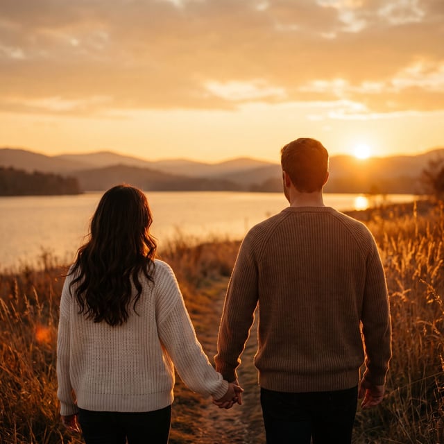A couple walking hand in hand along a lakeside path at golden hour